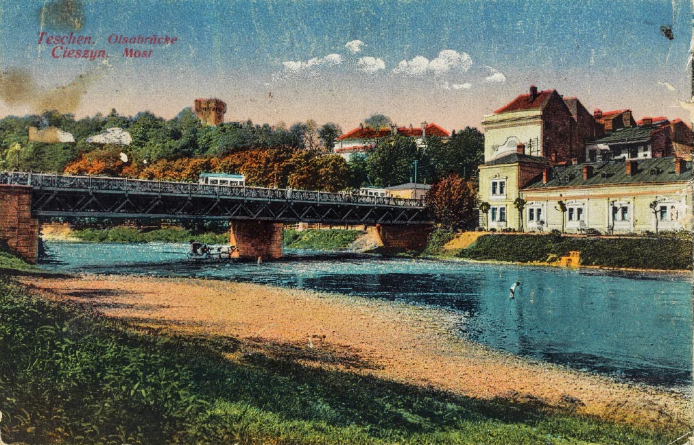 Trams passing over the River Olza
